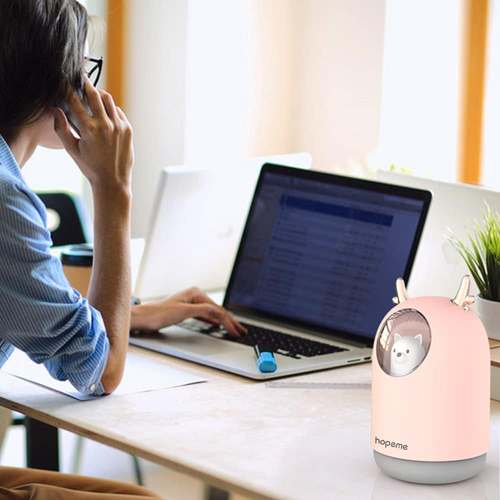 Cute Pet Humidifier with Two Spray Modes, 300Ml Water Tank Lasts up to 10 Hours, 7 Color LED Lights Changing, Waterless Auto Shut-Off for Bedroom, Home, Office (Pink)