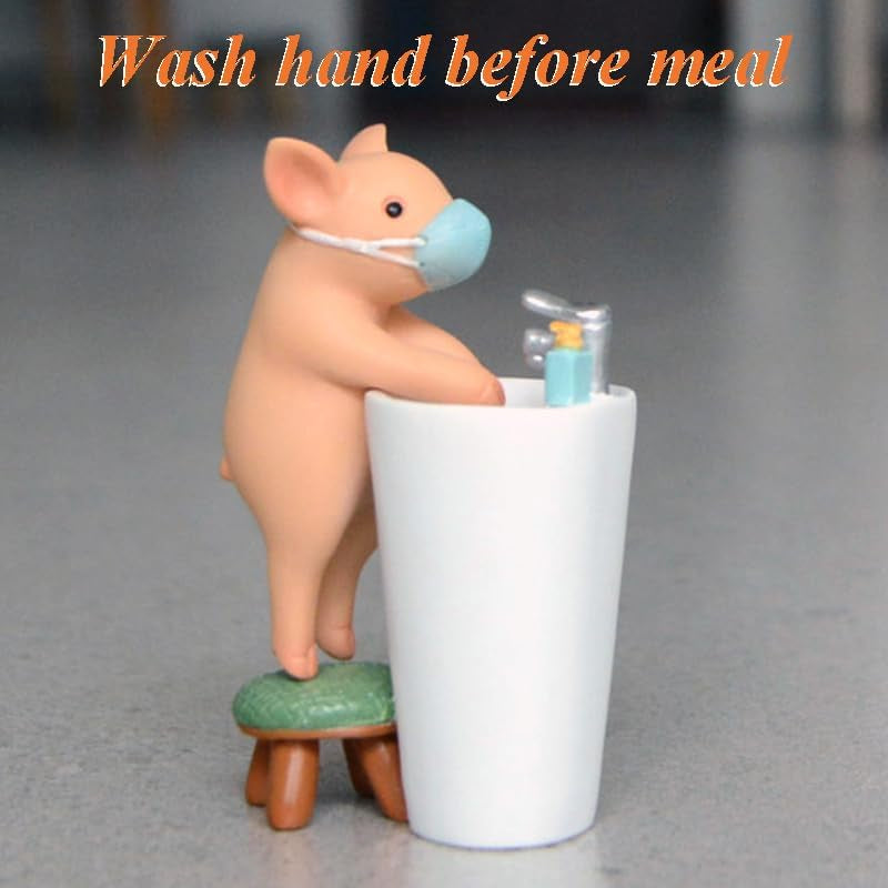 Miniature Fairy Garden Pig Figurine- Washing Hand before Meals