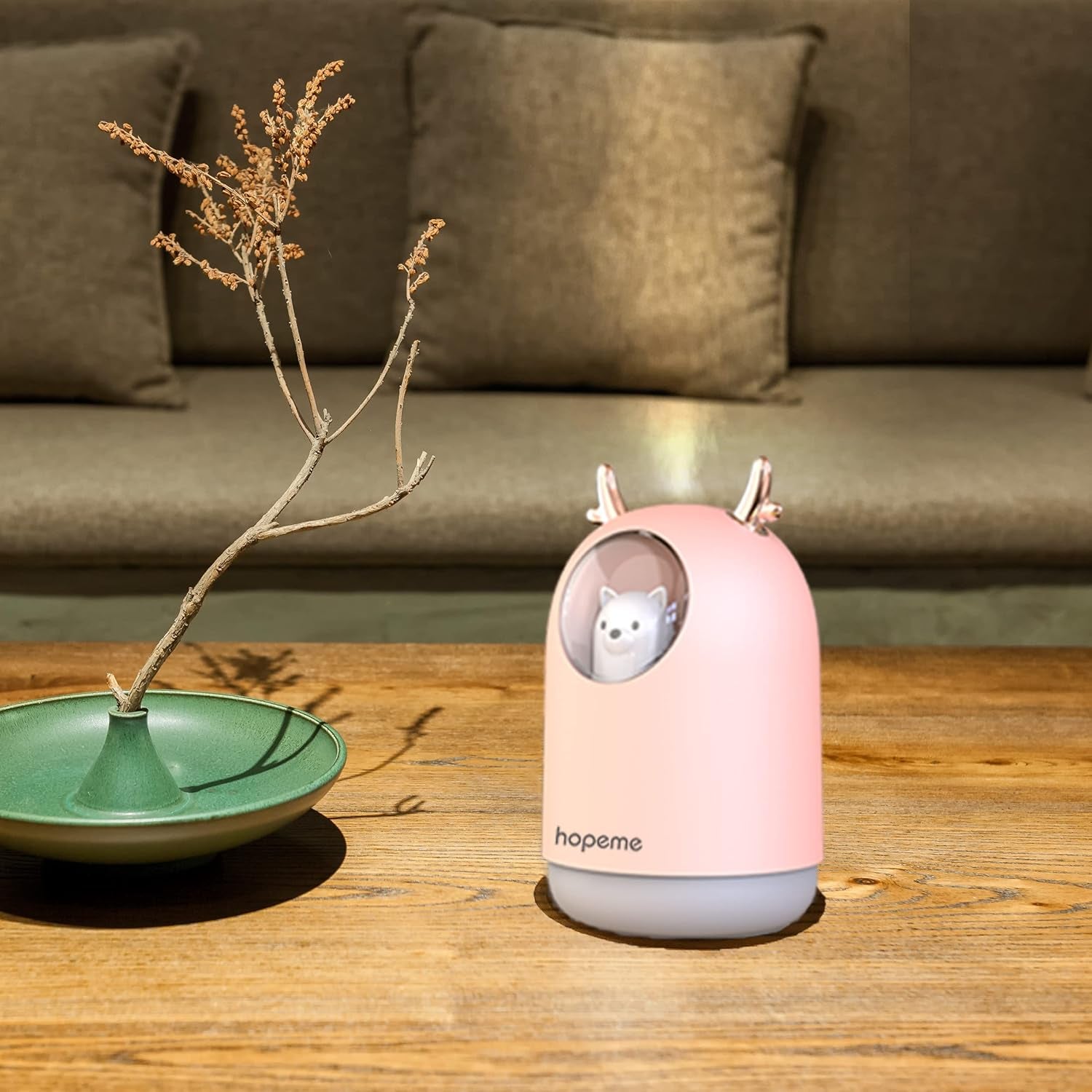 Cute Pet Humidifier with Two Spray Modes, 300Ml Water Tank Lasts up to 10 Hours, 7 Color LED Lights Changing, Waterless Auto Shut-Off for Bedroom, Home, Office (Pink)