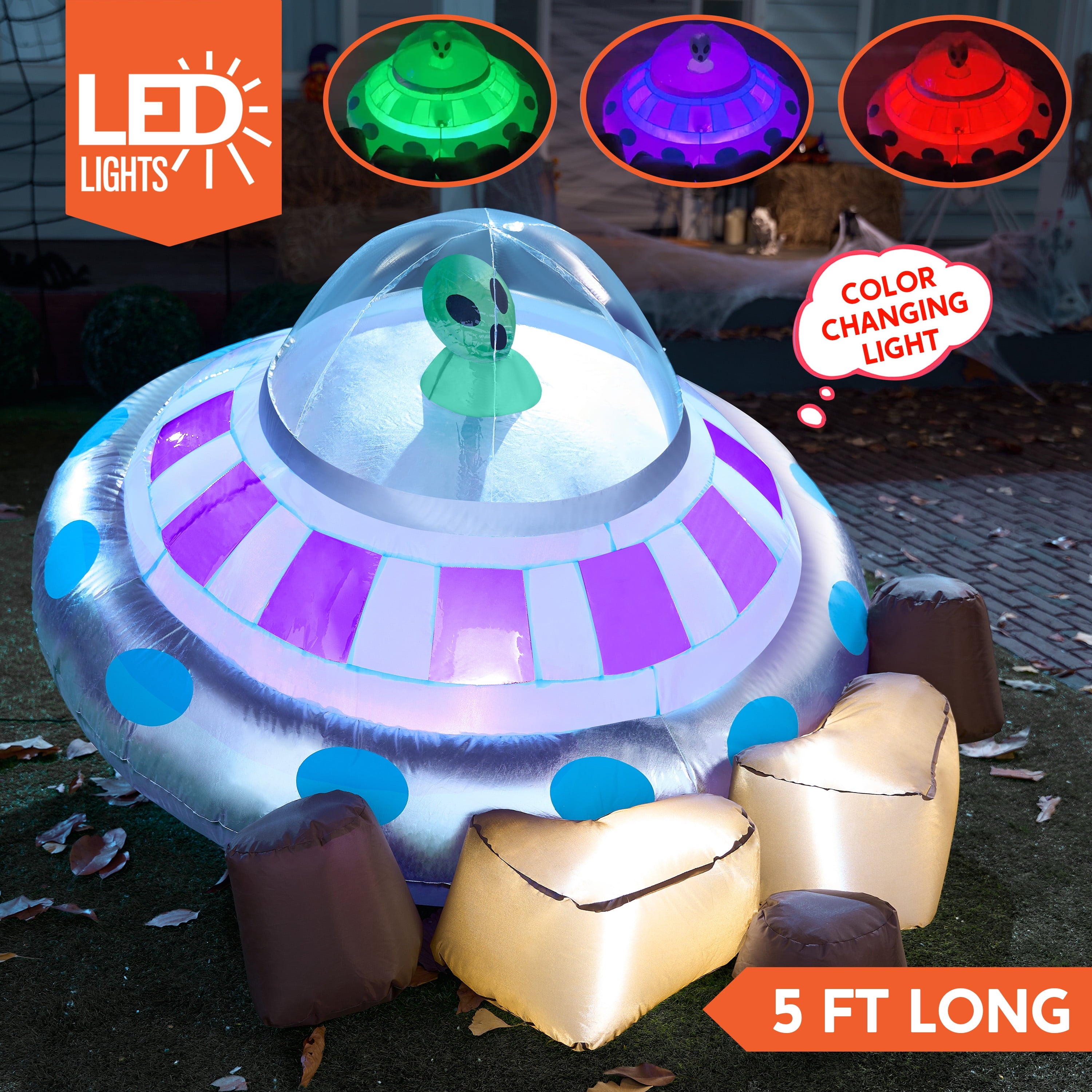 5Ft Halloween Inflatable UFO Alien Decorations,Blow Ups Crashing UFO Yard Decoration with Color Changing Lights for Inflatable Decor Outside