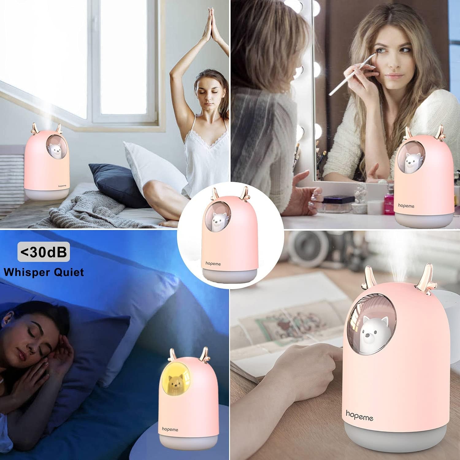 Cute Pet Humidifier with Two Spray Modes, 300Ml Water Tank Lasts up to 10 Hours, 7 Color LED Lights Changing, Waterless Auto Shut-Off for Bedroom, Home, Office (Pink)