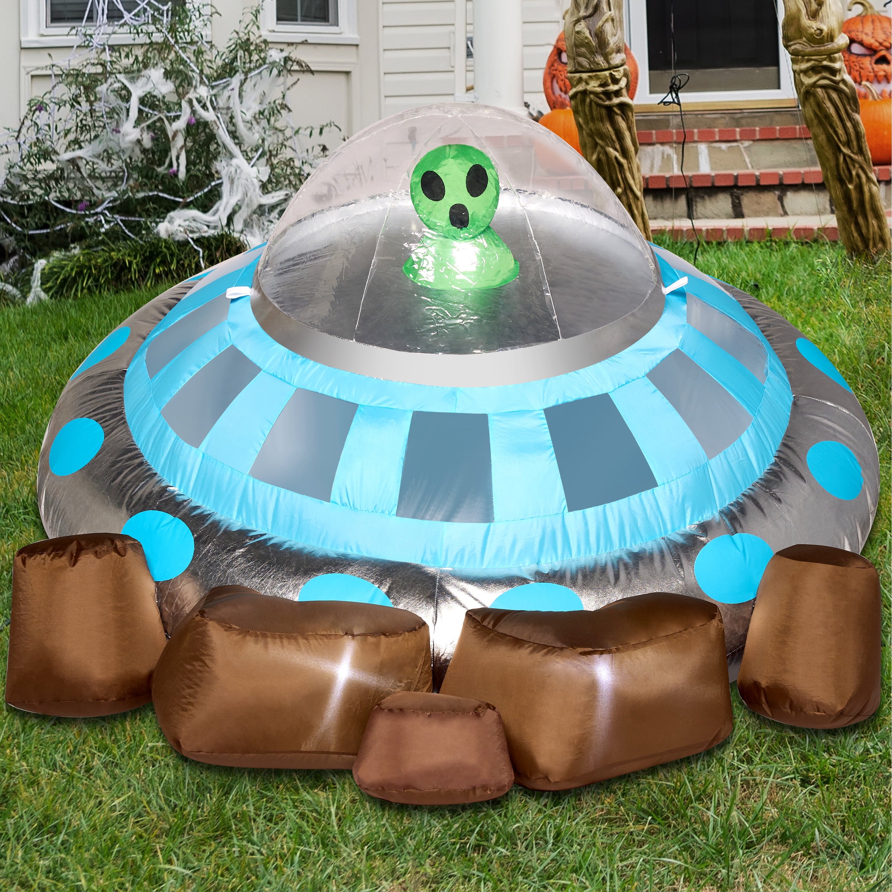 5Ft Halloween Inflatable UFO Alien Decorations,Blow Ups Crashing UFO Yard Decoration with Color Changing Lights for Inflatable Decor Outside